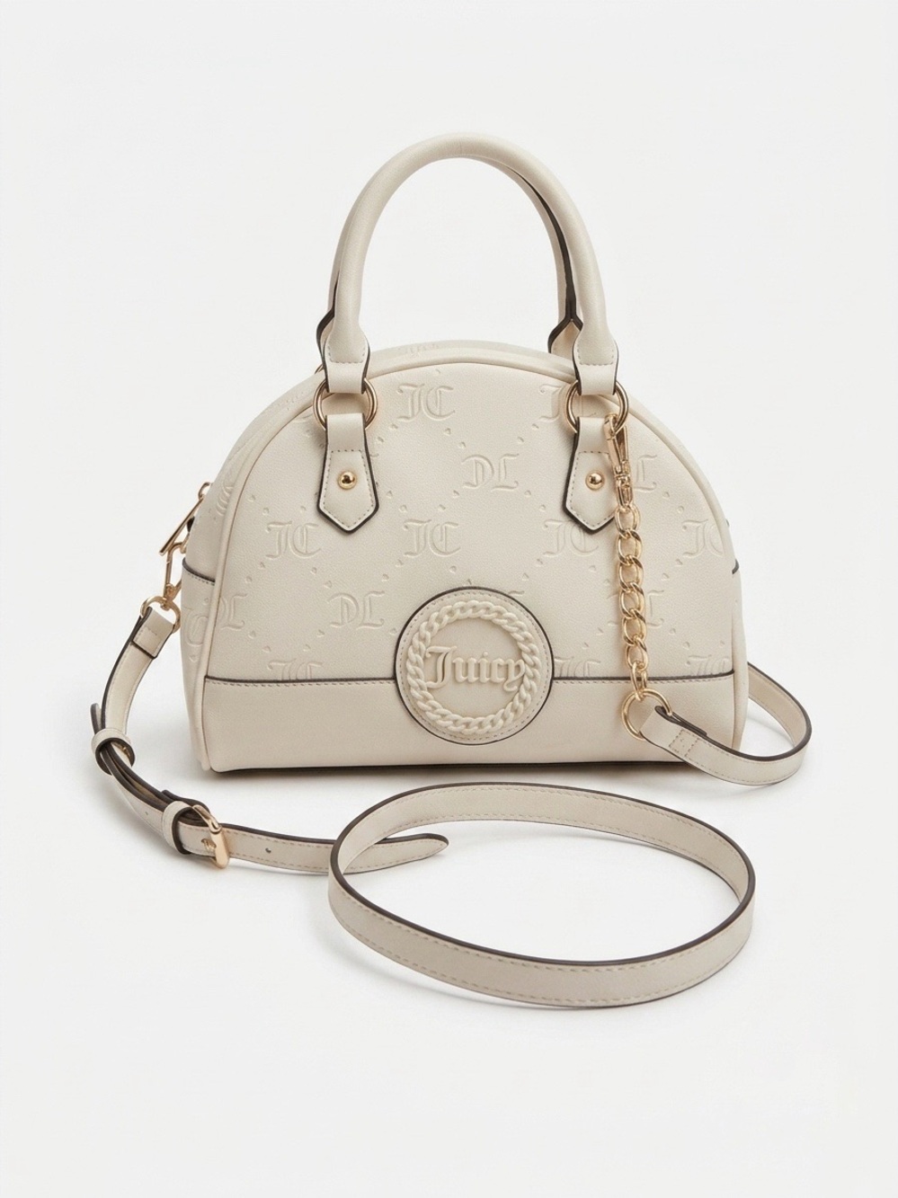Juicy Couture Cream Monogram Dome Satchel with Gold Chain Accent